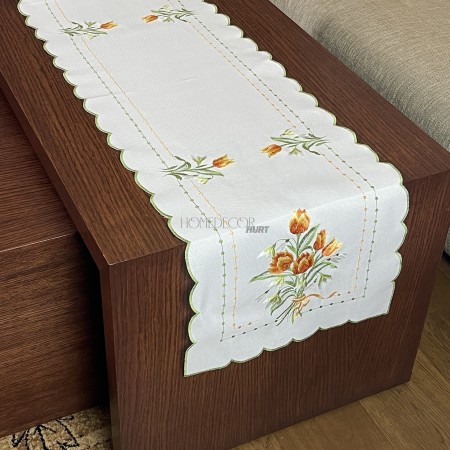 Bieżnik len haftowany Tulipany 40x140 cm biały STP-5845