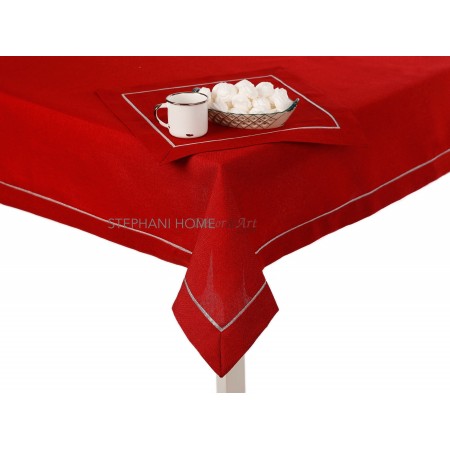 Obrus len z lamówką 80x140 cm prostokąt czerwony z srebrną lamówką STP-002