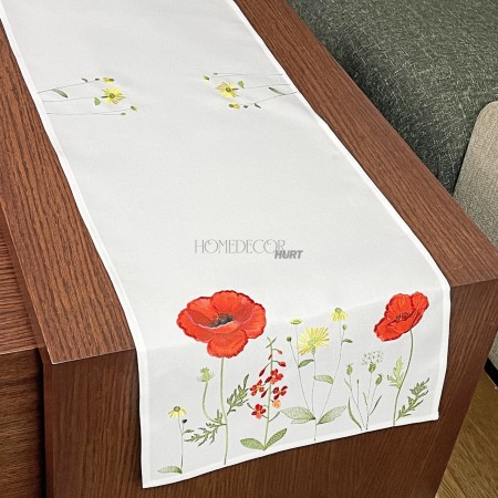 Bieżnik len haftowany Maki 40x140 cm biały STP-721-51